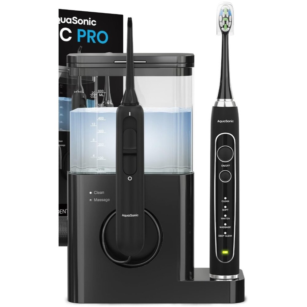 AquaSonic Home Dental Center PRO Black Series Base + Flosser (No Brush Heads)
